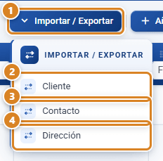 Desplegable Importar / Exportar del listado Clientes y Proveedores en CotizaPrint, el ERP para imprentas, con las opciones Cliente, Contacto y Dirección
