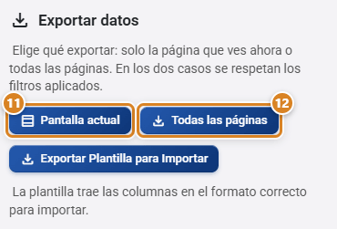 Sección Exportar datos de la ventana Importar/Exportar Datos en CotizaPrint, el ERP para imprentas, abierta desde Presupuestos, con los botones Pantalla actual, Todas las páginas y Exportar Plantilla para Importar