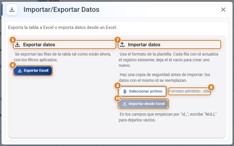 Ventana Importar/Exportar Datos en CotizaPrint, el ERP para imprentas, abierta desde Clientes: sección Exportar datos con el botón Exportar Excel y sección Importar datos con Seleccionar archivo, el aviso Formato admitido: .xlsx e Importar desde Excel