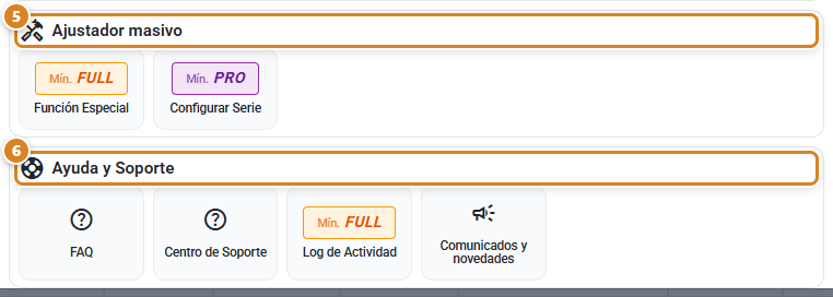 Paneles Ajustador masivo y Ayuda y Soporte de la ventana Configuración en CotizaPrint, el ERP para imprentas, con las baldosas Función Especial, Configurar Serie, FAQ, Centro de Soporte, Log de Actividad y Comunicados y novedades