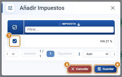 Ventana Añadir Impuestos en CotizaPrint, el ERP para imprentas, con la tabla de impuestos, una fila marcada con su casilla y los botones Cancelar y Guardar