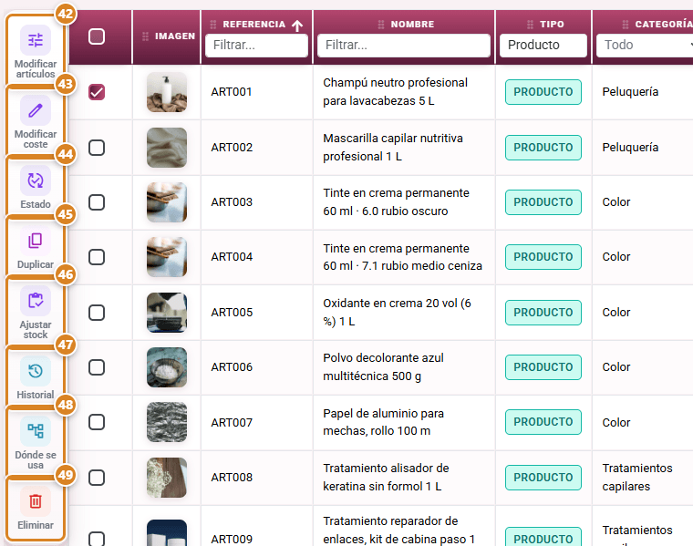 Services and products list actions in CotizaBeauty, the beauty salon software, with one product ticked: Edit items, Modify cost, Status, Duplicate, Adjust stock, History, Where it's used and Delete