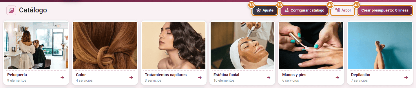 Catalog menu in CotizaBeauty, the beauty salon software: cards for the Hairdressing, Colour, Hair treatments, Facials, Hands and feet and Hair removal categories with their counts, and the Settings, Configure catalog, Tree and Create quote buttons