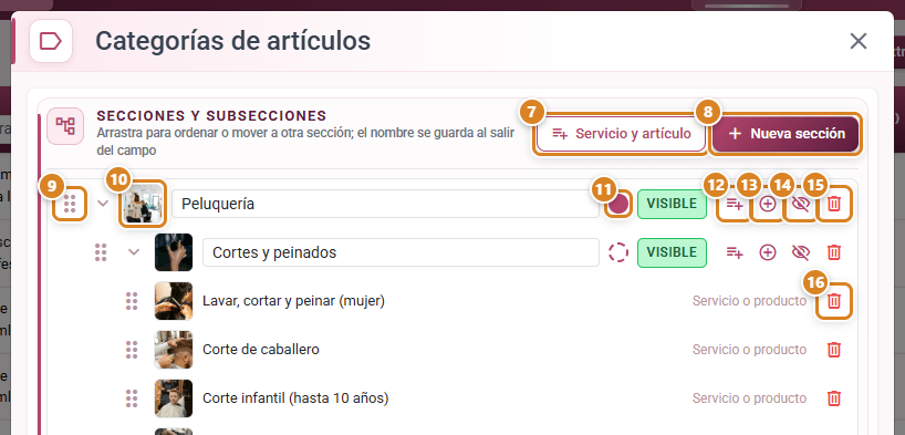 Item categories window in CotizaBeauty, the beauty salon software: the Hairdressing section with its Cuts and styling subsection and its services, the Service and item and New section buttons, and the drag handle, thumbnail, colour dot and icons on each row