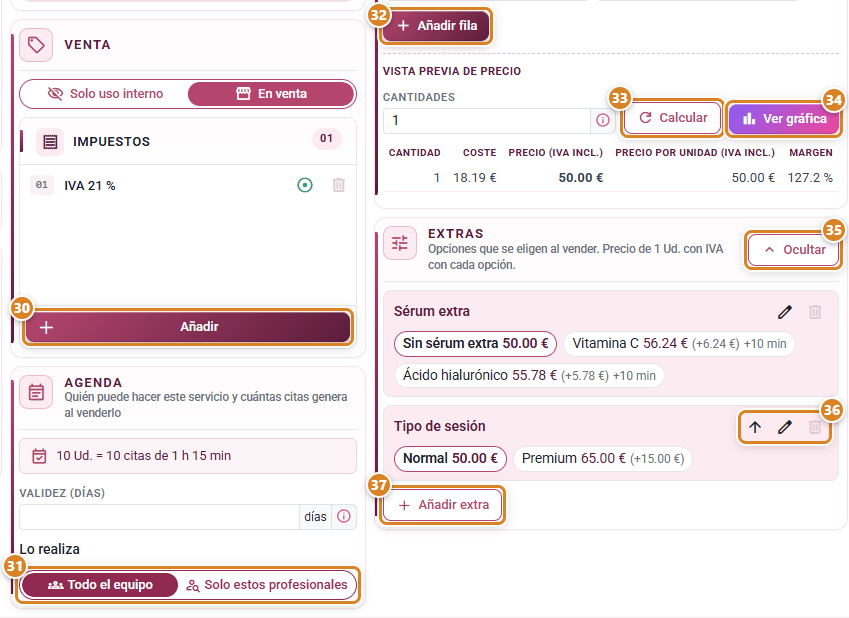 Lower part of a service record in CotizaBeauty, the beauty salon software: Sale with Taxes and its Add button, Agenda with Validity (days) and Performed by, the price table with Add row, the Price preview with Calculate and View chart, and the Extras section unfolded with Add extra