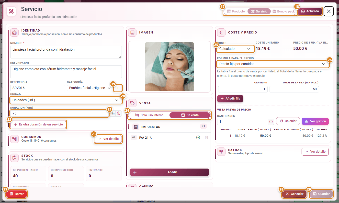 Service record in CotizaBeauty, the beauty salon software: Product, Service or Voucher or pack type, Enabled button, Identity, Consumables, Stock, Image, Sale, Taxes and Cost and price sections, and the Delete, Cancel and Save buttons
