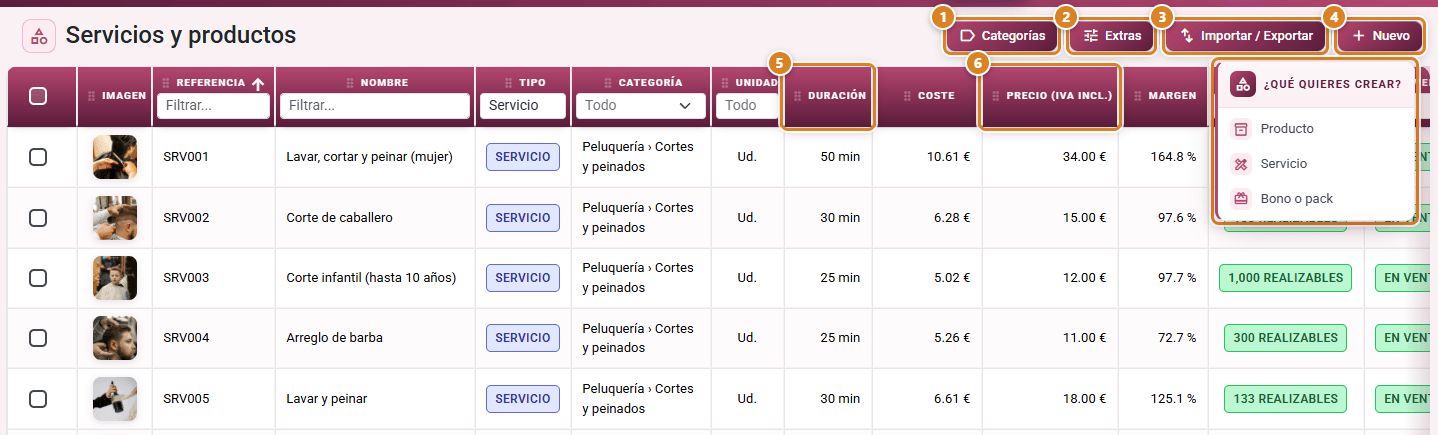 Services and products list in CotizaBeauty, the beauty salon software, filtered by service, with the Categories, Extras, Import/Export and New buttons, New open on What do you want to create?, and the Duration and Price (VAT incl.) columns