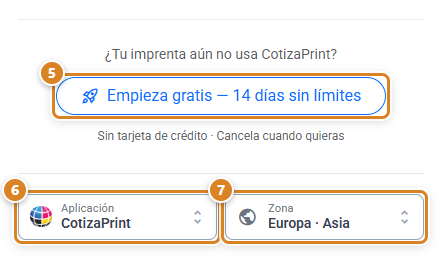 Parte inferior de la pantalla de acceso de CotizaPrint, el ERP para imprentas: botón Empieza gratis — 14 días sin límites y los selectores Aplicación y Zona
