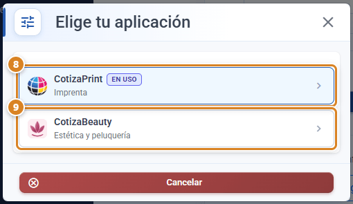 Ventana Elige tu aplicación en CotizaPrint, el ERP para imprentas: opciones CotizaPrint (Imprenta), con la etiqueta En uso, y CotizaBeauty (Estética y peluquería)