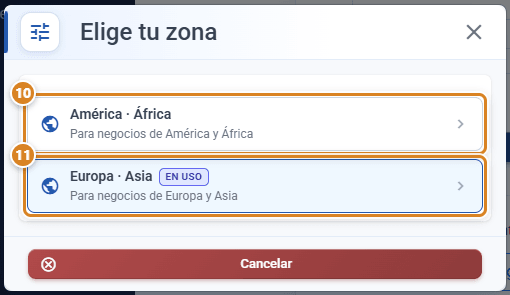 Ventana Elige tu zona en CotizaPrint, el ERP para imprentas: opciones América · África y Europa · Asia, con la etiqueta En uso en la zona actual