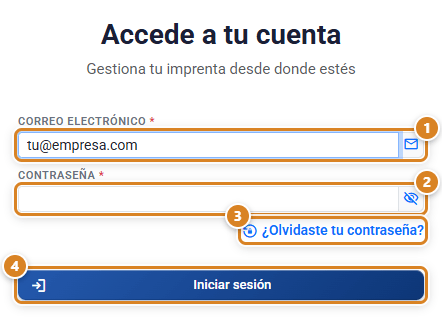 Formulario Accede a tu cuenta en CotizaPrint, el ERP para imprentas: campos Correo electrónico y Contraseña con el icono para ver la contraseña, el enlace ¿Olvidaste tu contraseña? y el botón Iniciar sesión