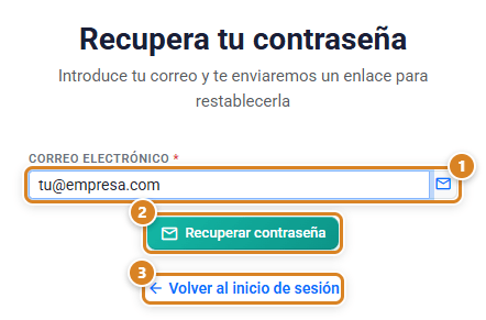 Formulario Recupera tu contraseña en CotizaPrint, el ERP para imprentas: campo Correo electrónico, botón Recuperar contraseña y enlace Volver al inicio de sesión