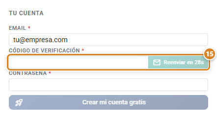 Campo Código de verificación del registro en CotizaPrint, el ERP para imprentas, con el botón Reenviar en cuenta atrás, después de enviar el código al email