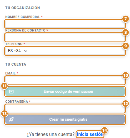 Bloques Tu organización y Tu cuenta del registro en CotizaPrint, el ERP para imprentas: Nombre comercial, Persona de contacto, Teléfono, Email, Enviar código de verificación, Contraseña, Crear mi cuenta gratis e Inicia sesión