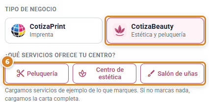 Registro de CotizaBeauty, el programa para centros de estética: Tipo de negocio con CotizaBeauty elegido y ¿Qué servicios ofrece tu centro? con Peluquería, Centro de estética y Salón de uñas