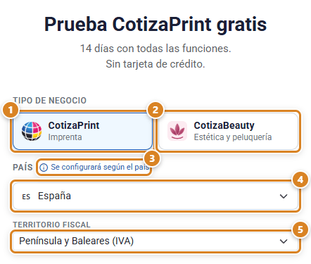 Cabecera del registro en CotizaPrint, el ERP para imprentas: Prueba CotizaPrint gratis, Tipo de negocio con CotizaPrint y CotizaBeauty, País con la ayuda Se configurará según el país y Territorio fiscal
