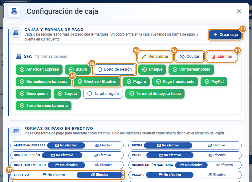 Ventana Configuración de caja en CotizaPrint, el ERP para imprentas: botón Crear caja, una caja con Renombrar, Ocultar y Eliminar, sus formas de pago marcadas y sin marcar, y los interruptores de Formas de pago en efectivo con el nombre de cada forma de pago