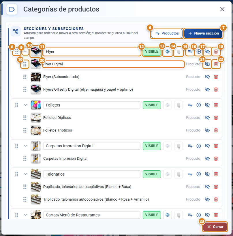 Ventana Categorías de productos en CotizaPrint, el ERP para imprentas: lista Secciones y subsecciones con los botones Productos y Nueva sección, y en cada fila el asa, la flecha, la miniatura, el nombre, la insignia Visible, los logos de WordPress y PrestaShop, los iconos para añadir productos, añadir subsección, ocultar y eliminar, y debajo los productos de la sección