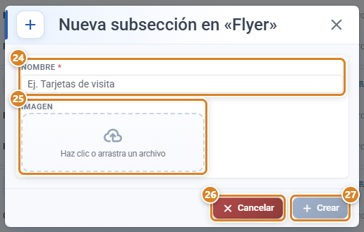 Ventana Nueva subsección en «Flyer» en CotizaPrint, el ERP para imprentas, con los campos Nombre e Imagen y los botones Cancelar y Crear