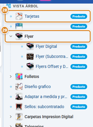 Panel Vista árbol del catálogo en CotizaPrint, el ERP para imprentas, con productos marcados Producto y la categoría Flyer desplegada con sus productos