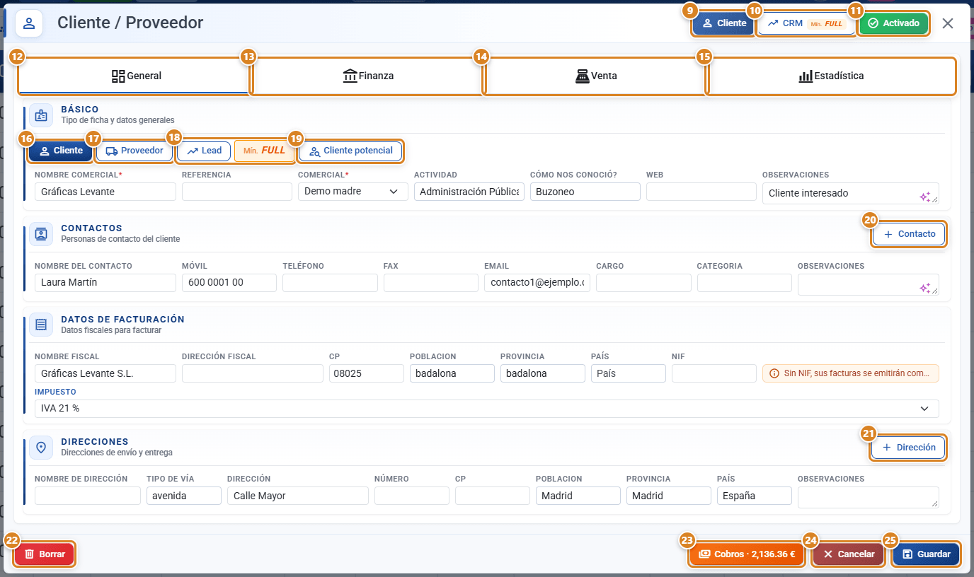 Ficha Cliente / Proveedor en CotizaPrint, pestaña General: botones Cliente, CRM y Activado de la cabecera, pestañas General, Finanza, Venta y Estadística, tipo de ficha Cliente, Proveedor, Lead y Cliente potencial, bloques Básico, Contactos, Datos de facturación y Direcciones, y el pie con Borrar, Cobros, Cancelar y Guardar