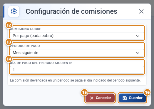 Ventana Configuración de comisiones en CotizaPrint, el ERP para imprentas: Comisiona sobre, Periodo de pago, Día de pago del periodo siguiente y los botones Cancelar y Guardar