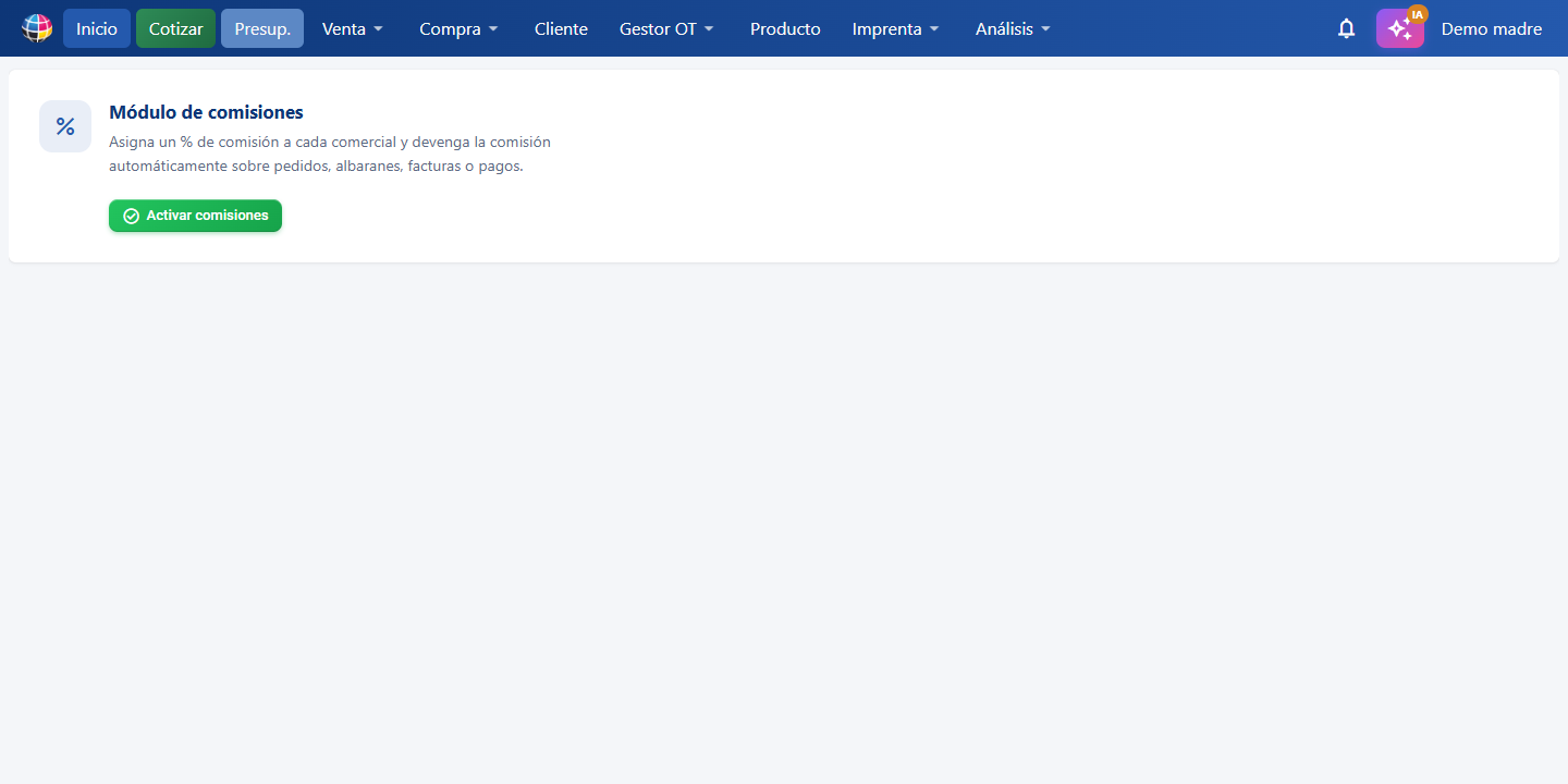 Sales rep commissions screen showing what has been earned and what is still to be settled in CotizaPrint