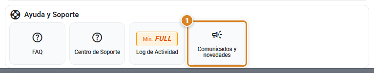Panel Ayuda y Soporte de la ventana Configuración en CotizaPrint, con los accesos FAQ, Centro de Soporte, Log de Actividad y Comunicados y novedades