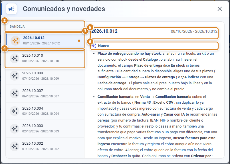 Ventana Comunicados y novedades en CotizaPrint: a la izquierda la Bandeja con las novedades de cada versión y el punto de la que no has visto; a la derecha la versión abierta con su fecha, su número y los cambios del grupo Nuevo