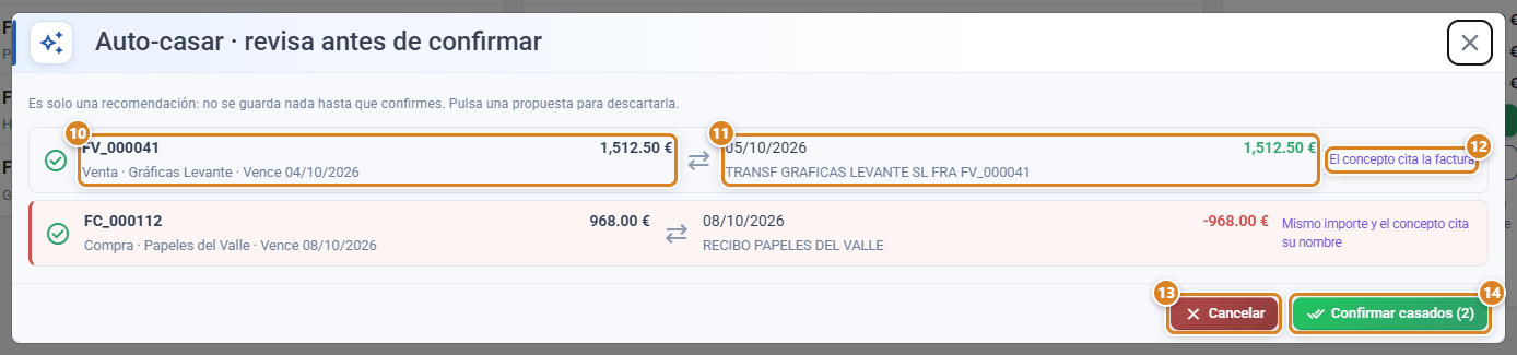 Ventana Auto-casar · revisa antes de confirmar en CotizaPrint, el ERP para imprentas: parejas de factura y movimiento del banco con el motivo de cada una y los botones Cancelar y Confirmar casados