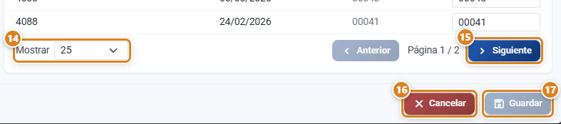 Pie del Ajustador de Contador en CotizaPrint, el ERP para imprentas, con el selector Mostrar, el botón Siguiente de la paginación y los botones Cancelar y Guardar