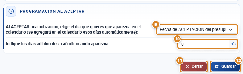 Sección Programación al aceptar de la ventana Calendario en CotizaPrint, el ERP para imprentas, con la fecha de partida al aceptar una cotización, los días adicionales y los botones Cerrar y Guardar