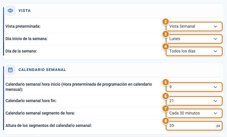 Secciones Vista y Calendario semanal de la ventana Calendario en CotizaPrint, el ERP para imprentas: vista preterminada, día de inicio de la semana, días visibles, hora de inicio y de fin, segmento de hora y altura de los segmentos en px