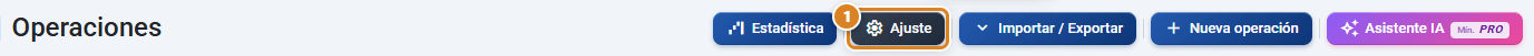 Cabecera de la pantalla Operaciones en CotizaPrint, el ERP para imprentas, con el botón Ajuste junto a Estadística, Importar / Exportar, Nueva operación y Asistente IA