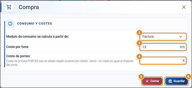 Ventana Compra en CotizaPrint, el ERP para imprentas: sección Consumo y costes con el documento a partir del que se calcula el consumo, el coste por hora y el coste de portes, y los botones Cerrar y Guardar