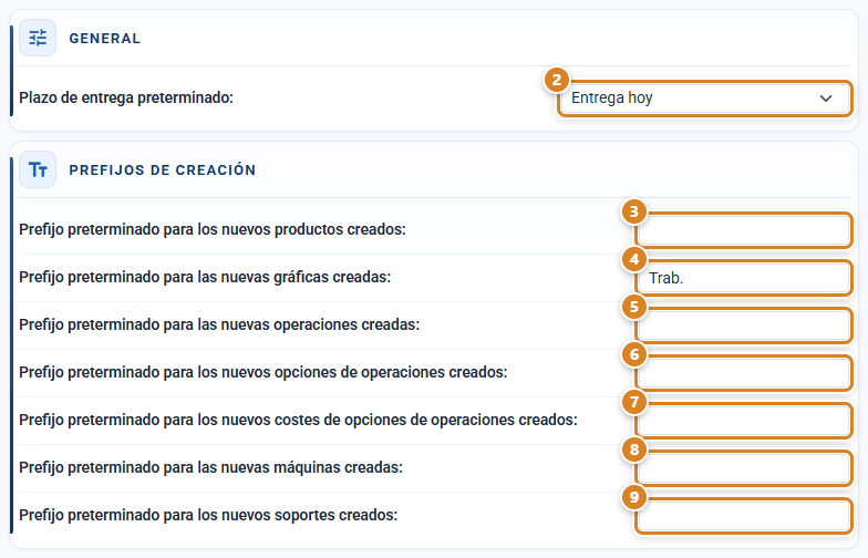 Secciones General y Prefijos de creación de la ventana Producto en CotizaPrint, el ERP para imprentas, con el plazo de entrega preterminado y los prefijos de productos, gráficas, operaciones, opciones, costes, máquinas y soportes