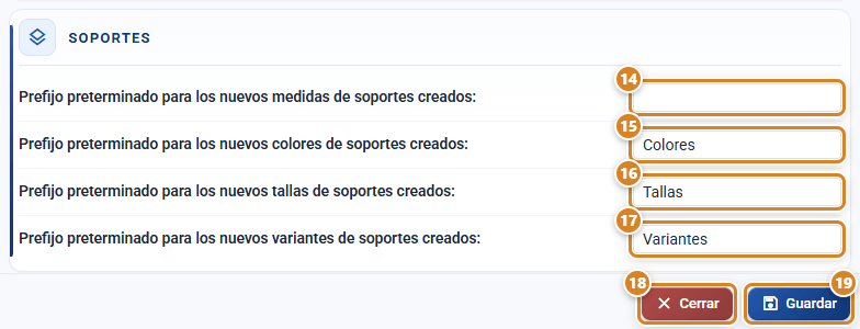 Sección Soportes de la ventana Producto en CotizaPrint, el ERP para imprentas, con los prefijos de medidas, colores, tallas y variantes de soporte y los botones Cerrar y Guardar