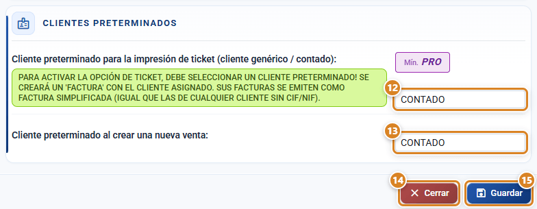 Sección Clientes preterminados de la ventana Venta en CotizaPrint, el ERP para imprentas, con el cliente para tickets y su aviso de factura simplificada, el cliente de las ventas nuevas y los botones Cerrar y Guardar