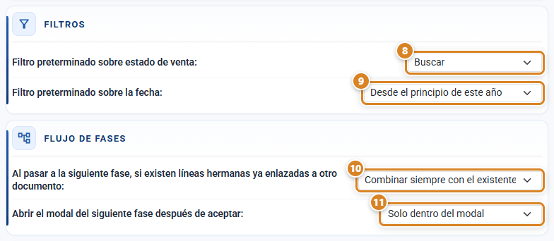 Secciones Filtros y Flujo de fases de la ventana Venta en CotizaPrint, el ERP para imprentas, con el filtro de estado, el filtro de fecha, qué hacer con las líneas hermanas y cuándo abrir la fase siguiente