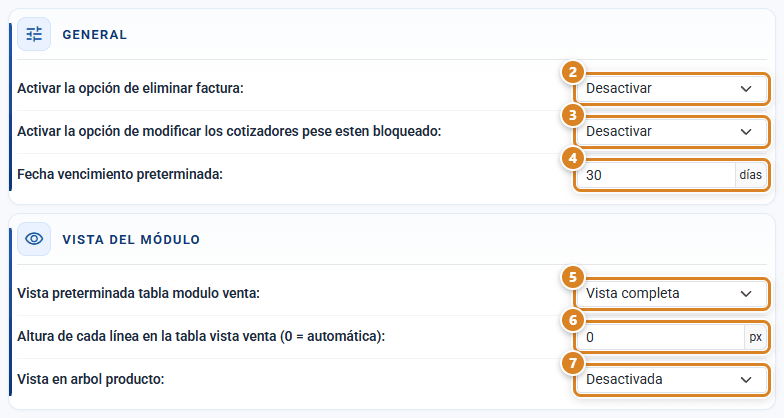 Secciones General y Vista del módulo de la ventana Venta en CotizaPrint, el ERP para imprentas, con eliminar factura, modificar cotizadores bloqueados, vencimiento en días, vista de la tabla, altura de línea y vista en árbol