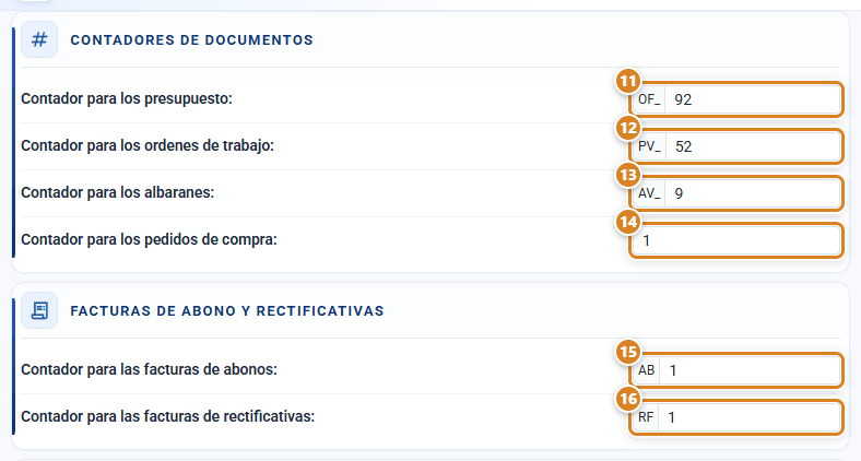 Secciones Contadores de documentos y Facturas de abono y rectificativas de la ventana Contador en CotizaPrint, el ERP para imprentas, con el contador de presupuestos, órdenes de trabajo, albaranes, pedidos de compra, abonos y rectificativas y su prefijo delante