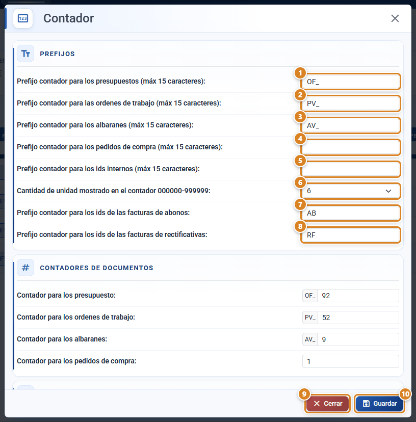 Ventana Contador de Configuración en CotizaPrint, el ERP para imprentas: sección Prefijos con el prefijo de presupuestos, órdenes de trabajo, albaranes, pedidos de compra, ids internos, la cantidad de dígitos y los prefijos de abonos y rectificativas, el principio de Contadores de documentos y los botones Cerrar y Guardar