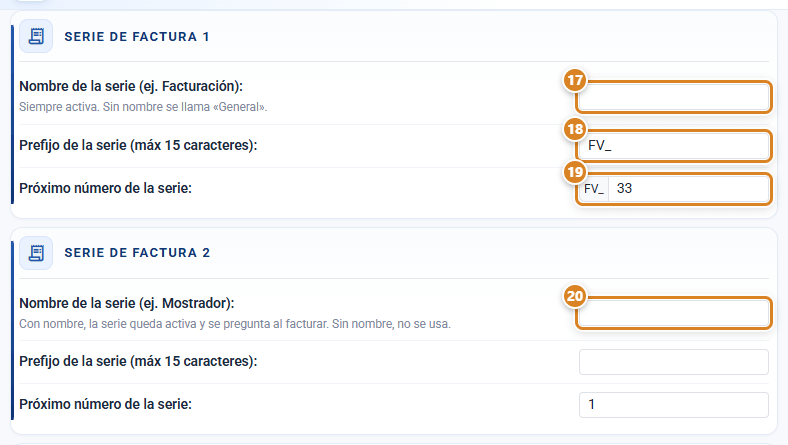 Secciones Serie de factura 1 y Serie de factura 2 de la ventana Contador en CotizaPrint, el ERP para imprentas, con el nombre, el prefijo y el próximo número de cada serie