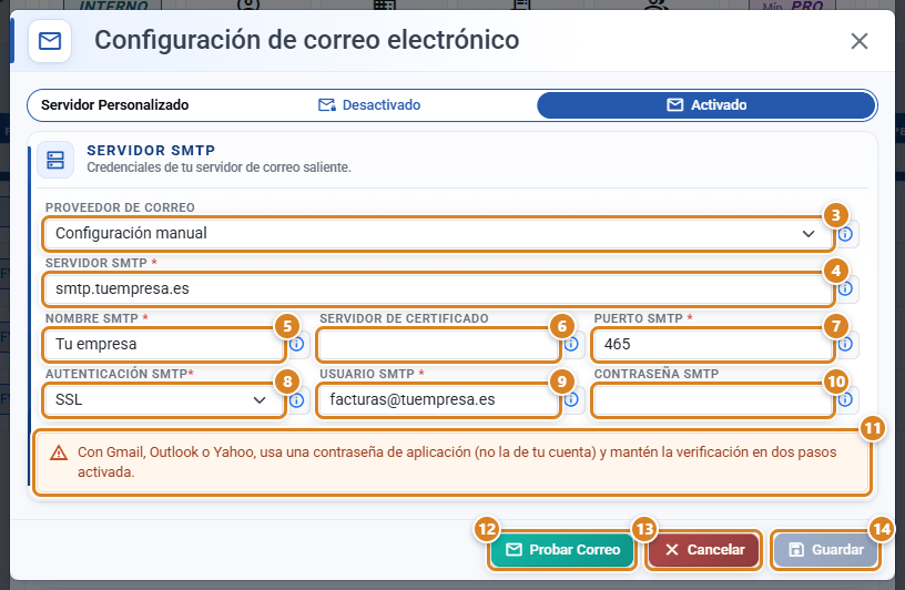 Ventana Configuración de correo electrónico en CotizaPrint con Servidor Personalizado en Activado: sección Servidor SMTP con Proveedor de correo, Servidor SMTP, Nombre SMTP, Servidor de Certificado, Puerto SMTP, Autenticación SMTP, Usuario SMTP y Contraseña SMTP, el aviso de la contraseña de aplicación y los botones Probar Correo, Cancelar y Guardar