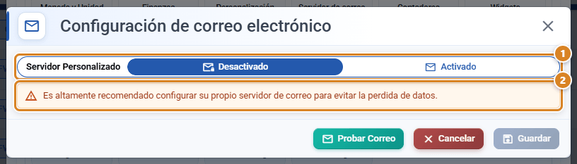 Ventana Configuración de correo electrónico en CotizaPrint con Servidor Personalizado en Desactivado, el aviso que recomienda configurar un servidor propio y los botones Probar Correo, Cancelar y Guardar