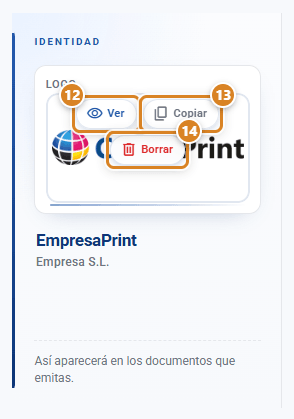 Identidad de la ventana Empresa en CotizaPrint, el ERP para imprentas: el logo con los botones Ver, Copiar y Borrar que salen al pasar el ratón y la vista previa del nombre comercial y la razón social