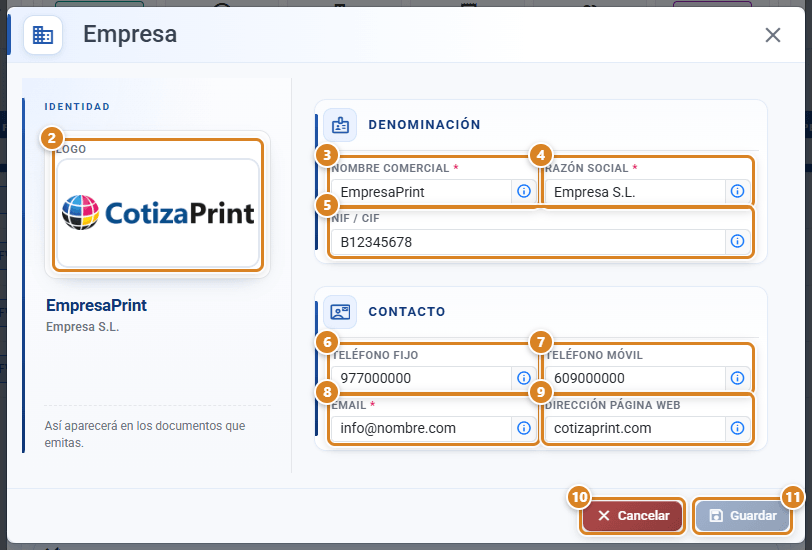 Ventana Empresa en CotizaPrint, el ERP para imprentas: Identidad con el logo, secciones Denominación con Nombre comercial, Razón social y NIF / CIF, y Contacto con Teléfono fijo, Teléfono móvil, Email y Dirección página web, y los botones Cancelar y Guardar