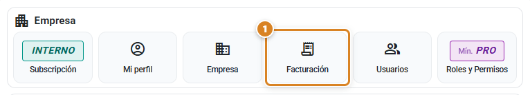 Panel Empresa de la ventana Configuración en CotizaPrint, con los accesos Subscripción, Mi perfil, Empresa, Facturación, Usuarios y Roles y Permisos