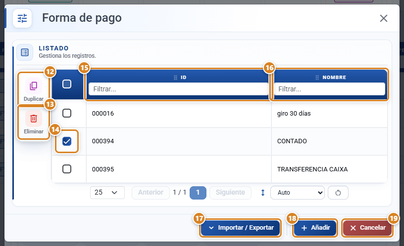 Listado Forma de pago de Configuración en CotizaPrint con una forma de pago marcada, los botones Duplicar y Eliminar, las columnas ID y Nombre y los botones Importar / Exportar, Añadir y Cancelar