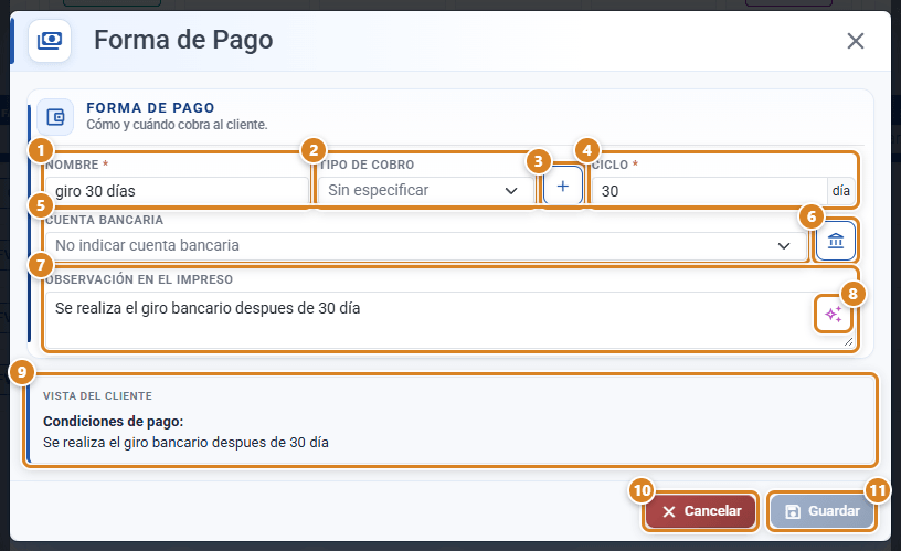Modal Forma de Pago en CotizaPrint con los campos Nombre, Tipo de cobro, Ciclo, Cuenta bancaria y Observación en el impreso, el recuadro Vista del cliente y los botones Cancelar y Guardar
